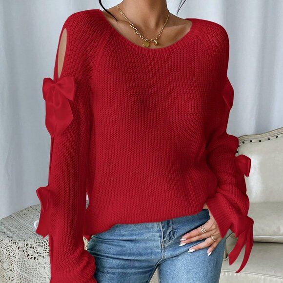 Red Casual Women's Hollow-Out Bow Decor Long Sleeve Sweater - Picture 3 of 5